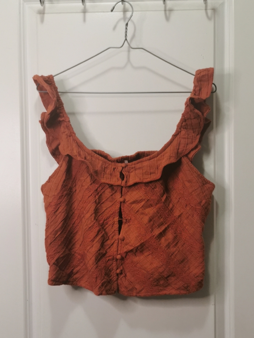 Free People Burnt Orange‎ Ruffle-Trim Button Crop Top. Flaw